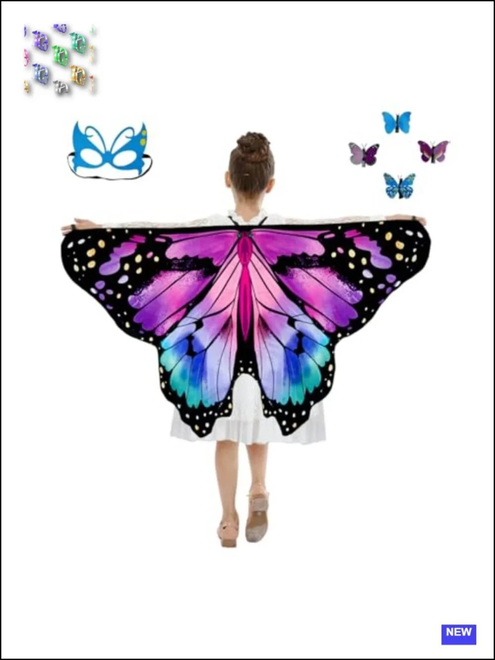 Kids Fairy Butterfly Wings Costume Set with Mask, Hair Clips, Halloween Dress